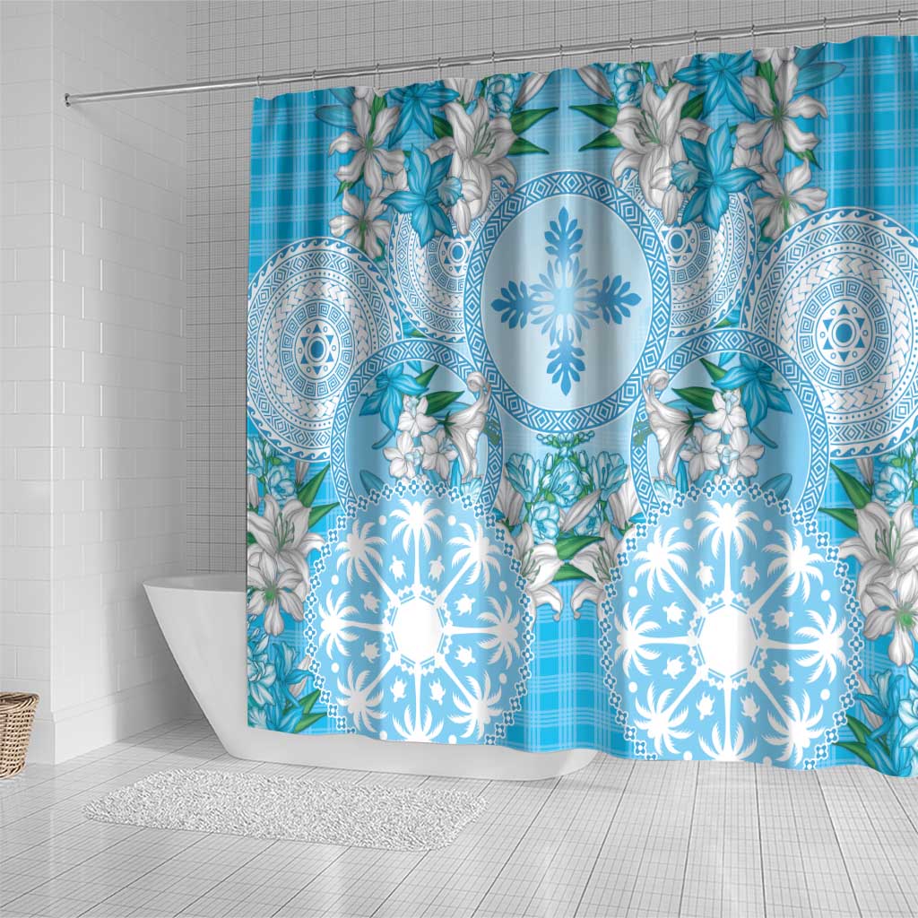 Hawaii Cyan Palaka Shower Curtain With Tapa Pattern Tropical Flowers - Polynesian Pride