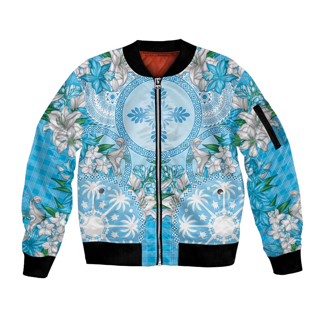 Hawaii Cyan Palaka Sleeve Zip Bomber Jacket With Tapa Pattern Tropical Flowers - Polynesian Pride