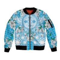 Hawaii Cyan Palaka Sleeve Zip Bomber Jacket With Tapa Pattern Tropical Flowers - Polynesian Pride