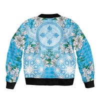 Hawaii Cyan Palaka Sleeve Zip Bomber Jacket With Tapa Pattern Tropical Flowers - Polynesian Pride