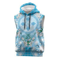 Hawaii Cyan Palaka Sleeveless Hoodie With Tapa Pattern Tropical Flowers - Polynesian Pride