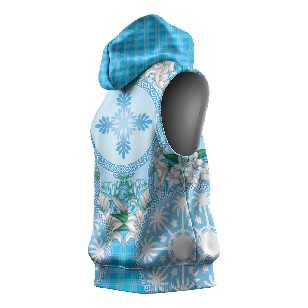 Hawaii Cyan Palaka Sleeveless Hoodie With Tapa Pattern Tropical Flowers - Polynesian Pride