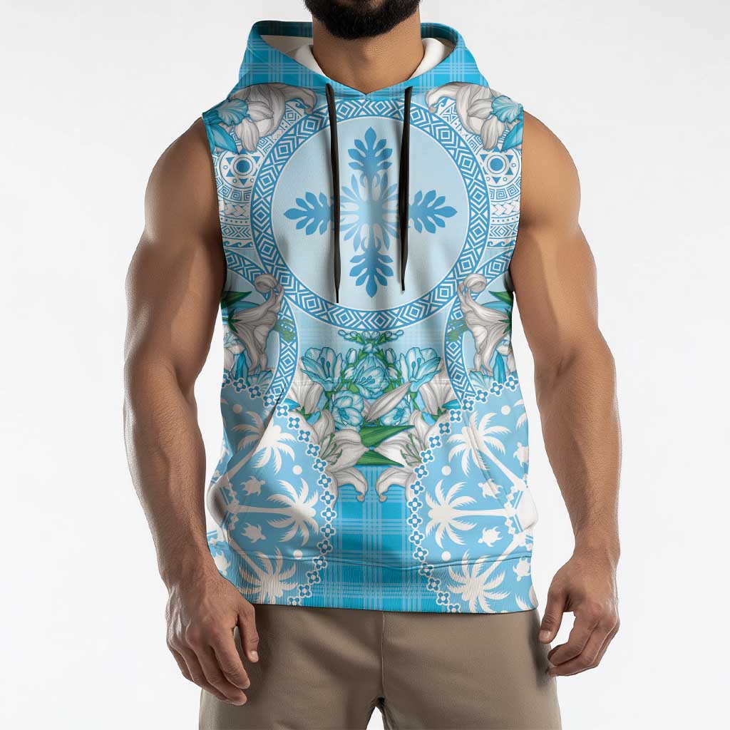 Hawaii Cyan Palaka Sleeveless Hoodie With Tapa Pattern Tropical Flowers - Polynesian Pride