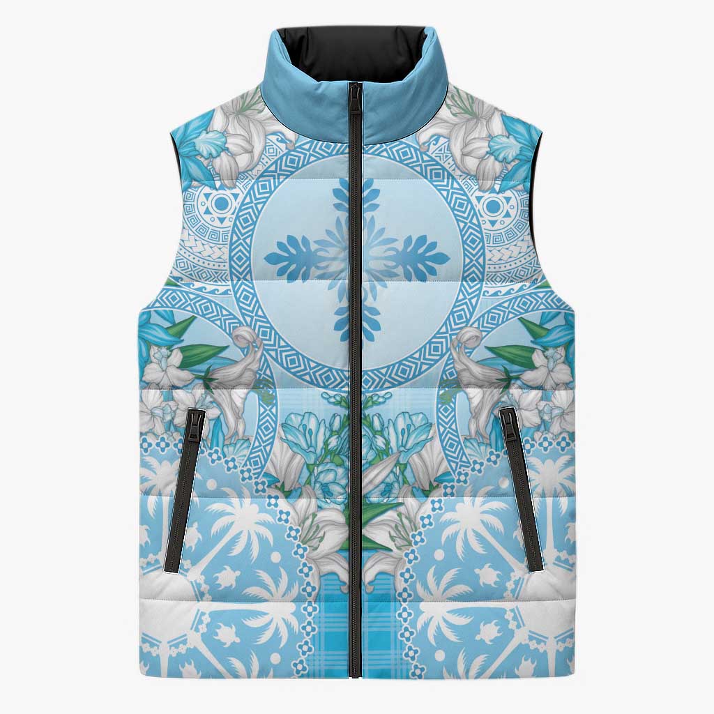 Hawaii Cyan Palaka Sleeveless Puffer Jacket With Tapa Pattern Tropical Flowers - Polynesian Pride
