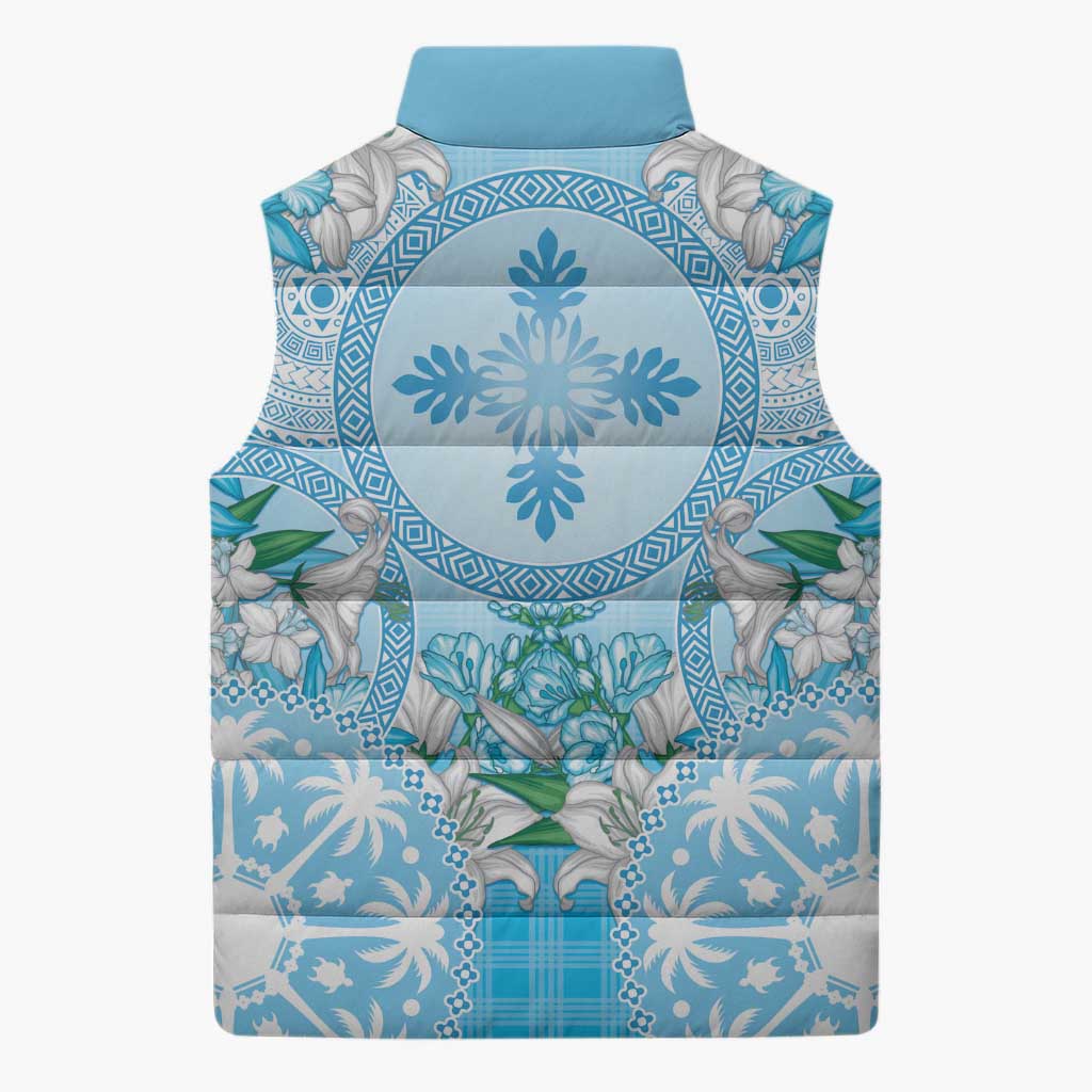 Hawaii Cyan Palaka Sleeveless Puffer Jacket With Tapa Pattern Tropical Flowers - Polynesian Pride