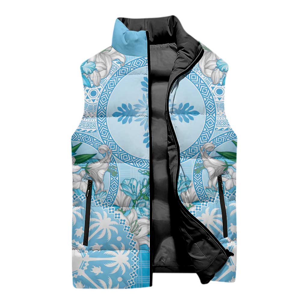 Hawaii Cyan Palaka Sleeveless Puffer Jacket With Tapa Pattern Tropical Flowers - Polynesian Pride
