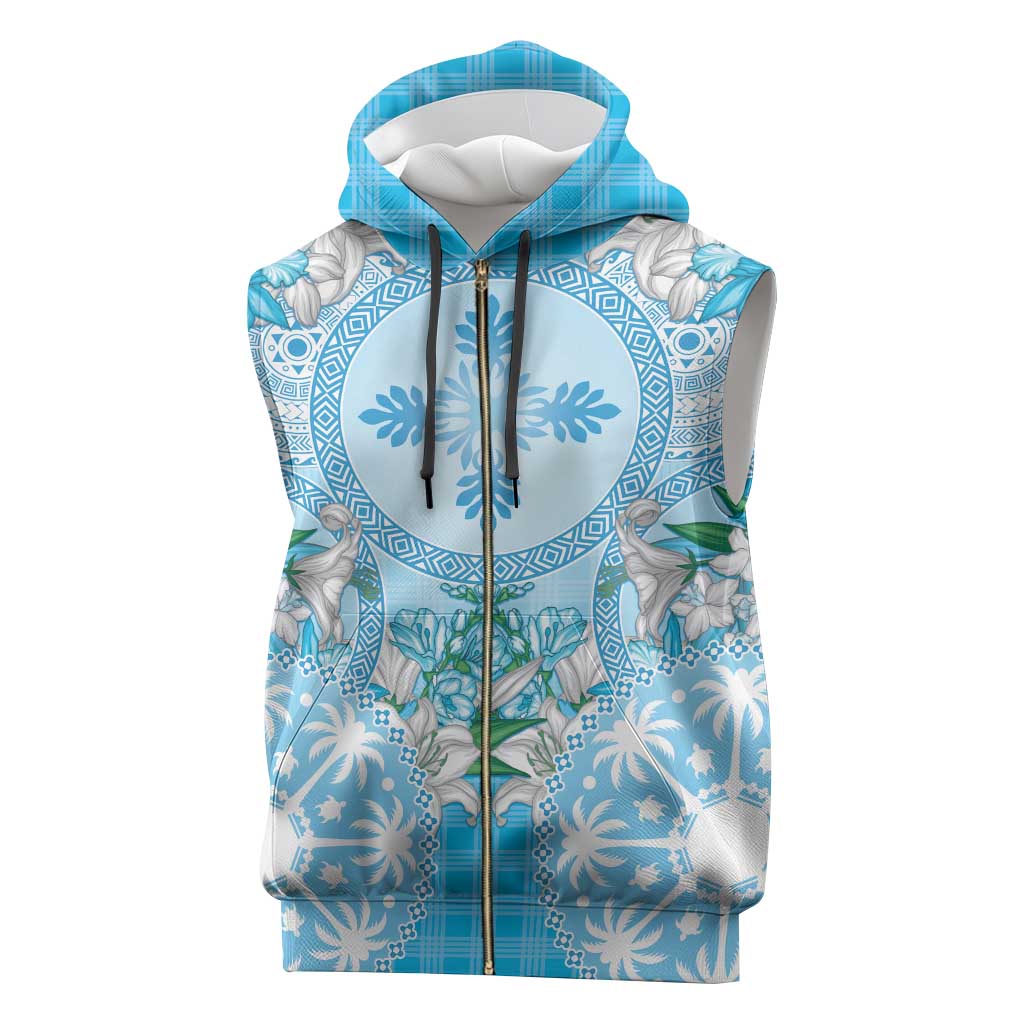 Hawaii Cyan Palaka Sleeveless Zip Hoodie With Tapa Pattern Tropical Flowers - Polynesian Pride