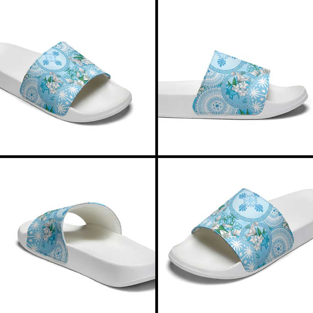 Hawaii Cyan Palaka Slide Sandals With Tapa Pattern Tropical Flowers - Polynesian Pride