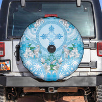Hawaii Cyan Palaka Spare Tire Cover With Tapa Pattern Tropical Flowers - Polynesian Pride