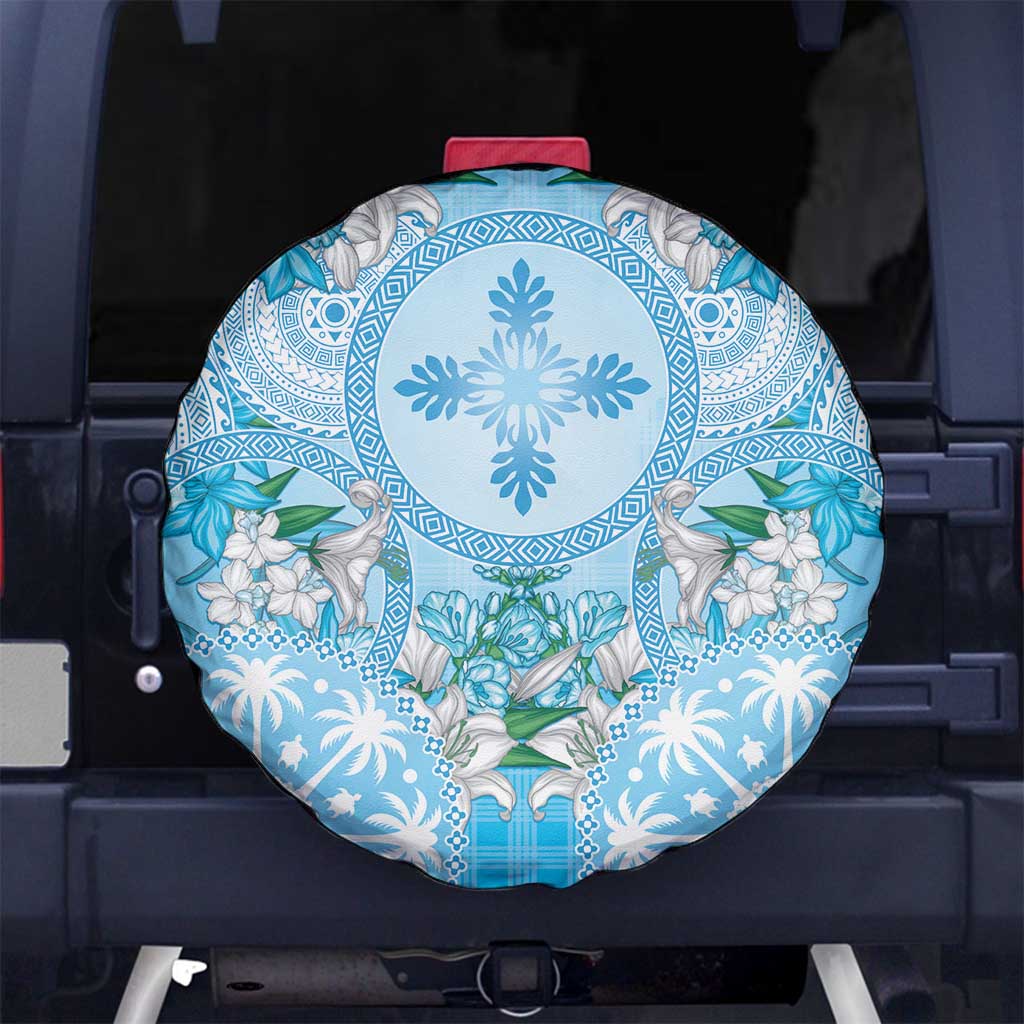 Hawaii Cyan Palaka Spare Tire Cover With Tapa Pattern Tropical Flowers - Polynesian Pride