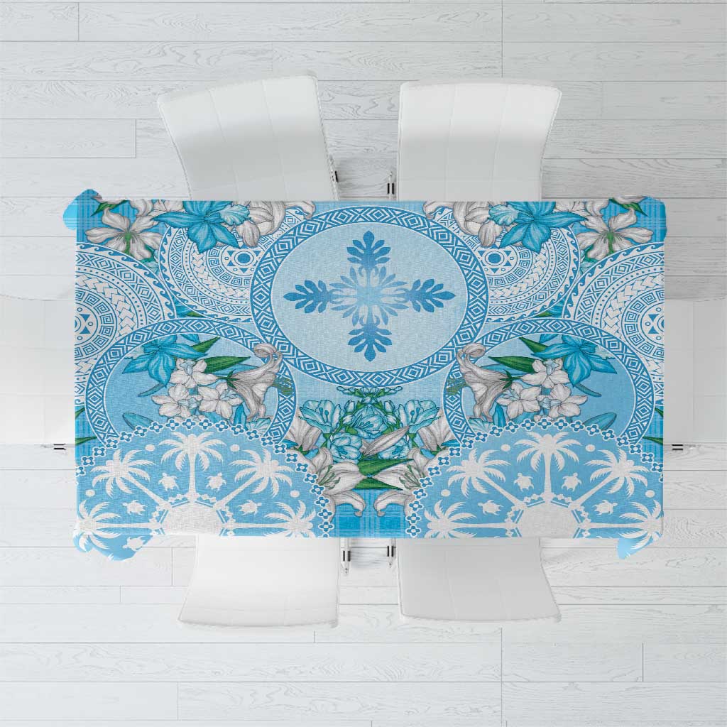 Hawaii Cyan Palaka Tablecloth With Tapa Pattern Tropical Flowers - Polynesian Pride