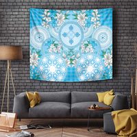 Hawaii Cyan Palaka Tapestry With Tapa Pattern Tropical Flowers - Polynesian Pride