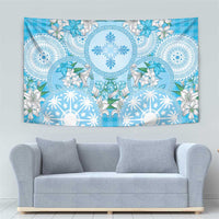 Hawaii Cyan Palaka Tapestry With Tapa Pattern Tropical Flowers - Polynesian Pride