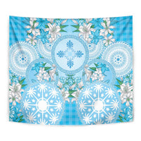 Hawaii Cyan Palaka Tapestry With Tapa Pattern Tropical Flowers - Polynesian Pride