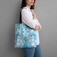 Hawaii Cyan Palaka Tote Bag With Tapa Pattern Tropical Flowers - Polynesian Pride