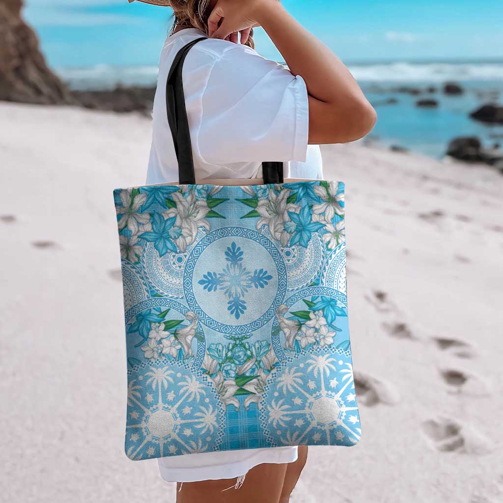 Hawaii Cyan Palaka Tote Bag With Tapa Pattern Tropical Flowers - Polynesian Pride