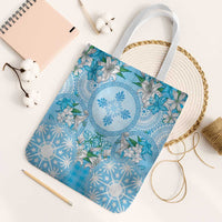 Hawaii Cyan Palaka Tote Bag With Tapa Pattern Tropical Flowers - Polynesian Pride