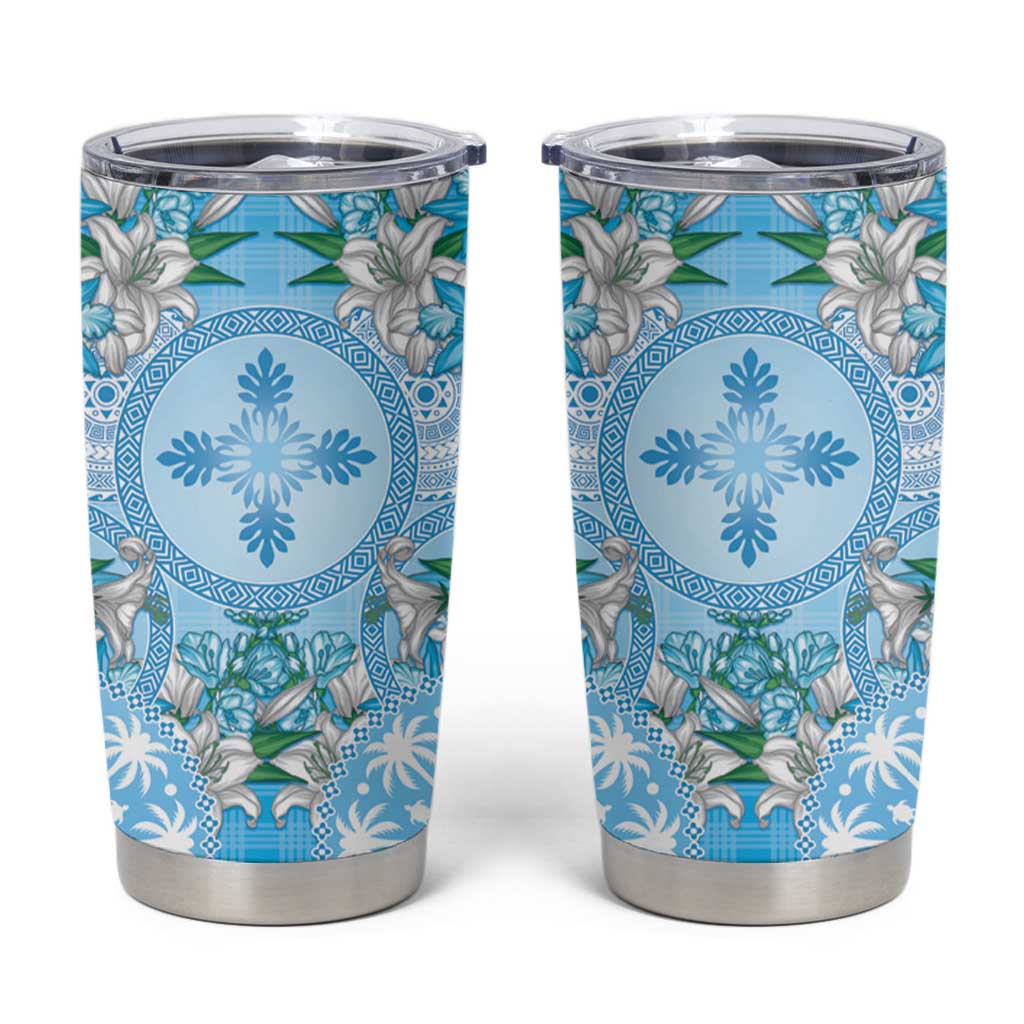 Hawaii Cyan Palaka Tumbler Cup With Tapa Pattern Tropical Flowers - Polynesian Pride