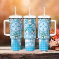Hawaii Cyan Palaka Tumbler With Handle With Tapa Pattern Tropical Flowers - Polynesian Pride
