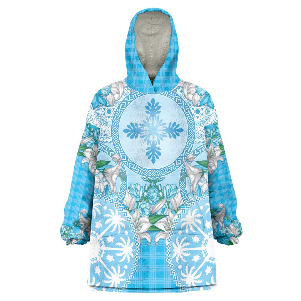 Hawaii Cyan Palaka Wearable Blanket Hoodie With Tapa Pattern Tropical Flowers - Polynesian Pride