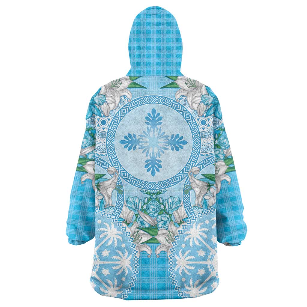 Hawaii Cyan Palaka Wearable Blanket Hoodie With Tapa Pattern Tropical Flowers - Polynesian Pride