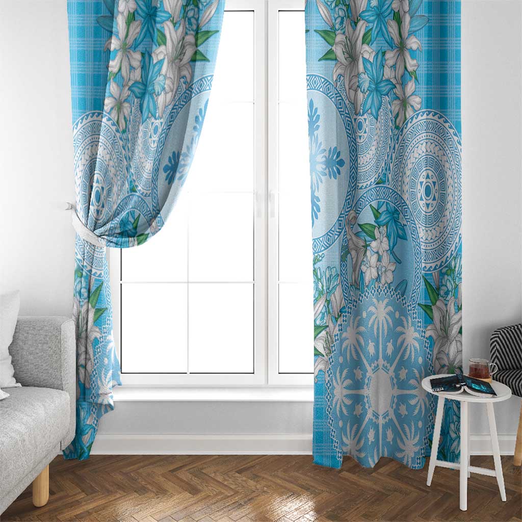 Hawaii Cyan Palaka Window Curtain With Tapa Pattern Tropical Flowers - Polynesian Pride