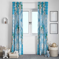 Hawaii Cyan Palaka Window Curtain With Tapa Pattern Tropical Flowers - Polynesian Pride