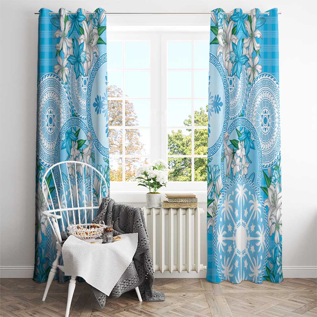 Hawaii Cyan Palaka Window Curtain With Tapa Pattern Tropical Flowers - Polynesian Pride