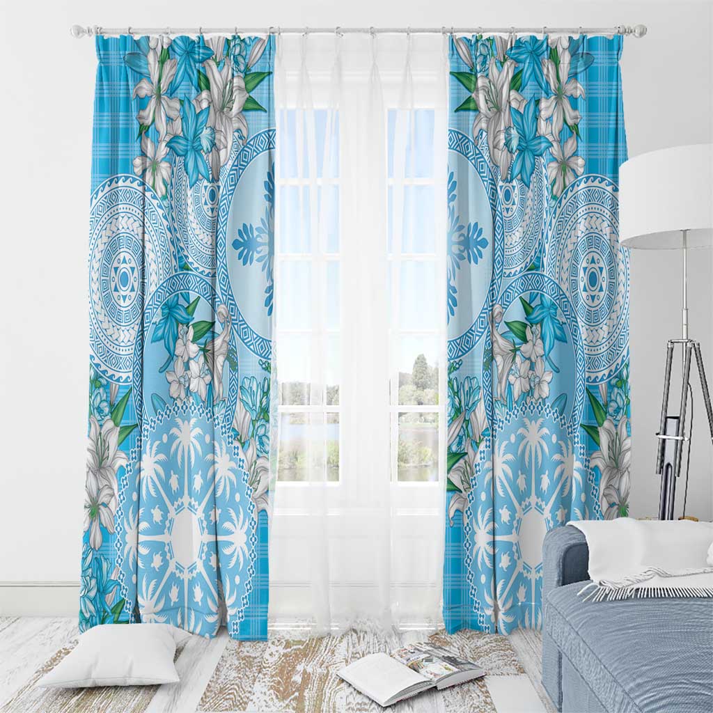 Hawaii Cyan Palaka Window Curtain With Tapa Pattern Tropical Flowers - Polynesian Pride