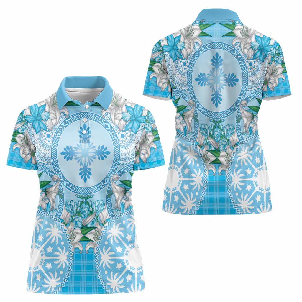 Hawaii Cyan Palaka Women Polo Shirt With Tapa Pattern Tropical Flowers - Polynesian Pride