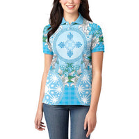 Hawaii Cyan Palaka Women Polo Shirt With Tapa Pattern Tropical Flowers - Polynesian Pride