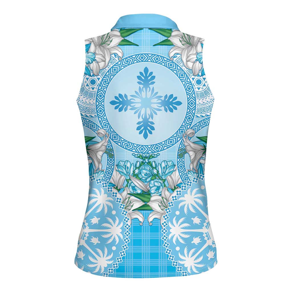 Hawaii Cyan Palaka Women Sleeveless Polo Shirt With Tapa Pattern Tropical Flowers - Polynesian Pride
