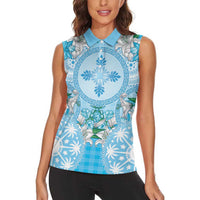 Hawaii Cyan Palaka Women Sleeveless Polo Shirt With Tapa Pattern Tropical Flowers - Polynesian Pride