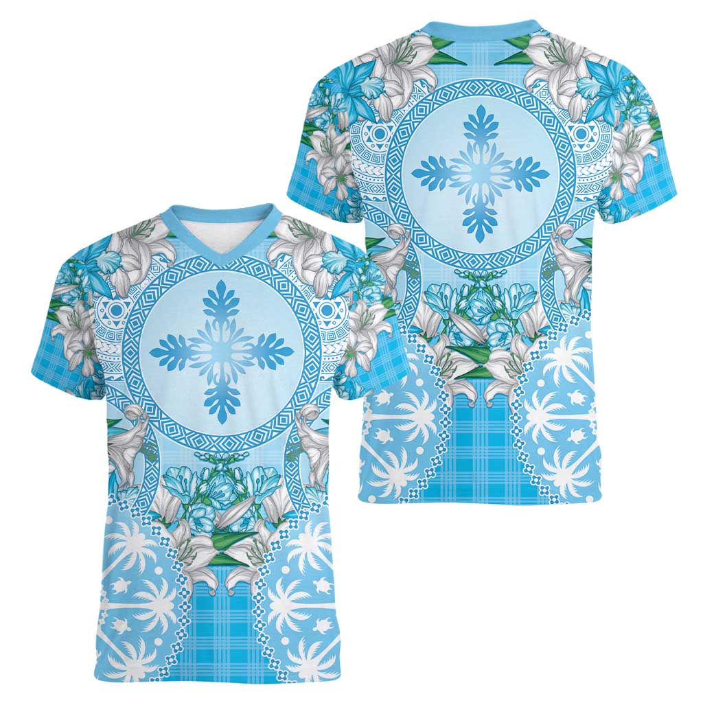 Hawaii Cyan Palaka Women V-Neck T-Shirt With Tapa Pattern Tropical Flowers - Polynesian Pride