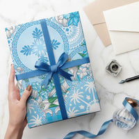 Hawaii Cyan Palaka Wrapping Paper With Tapa Pattern Tropical Flowers - Polynesian Pride