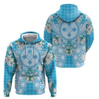 Hawaii Cyan Palaka Zip Hoodie With Tapa Pattern Tropical Flowers - Polynesian Pride