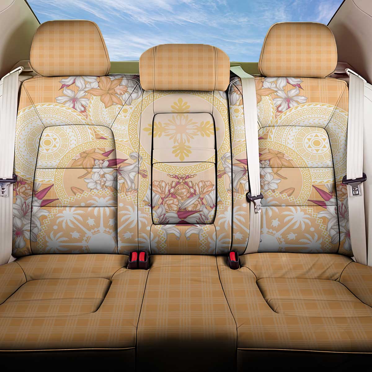 Hawaii Peach Palaka Back Car Seat Cover With Tapa Pattern Tropical Flowers - Polynesian Pride