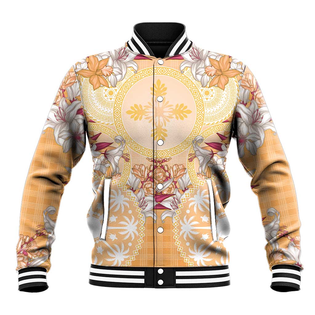 Hawaii Peach Palaka Baseball Jacket With Tapa Pattern Tropical Flowers - Polynesian Pride
