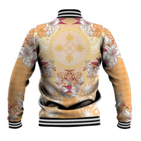 Hawaii Peach Palaka Baseball Jacket With Tapa Pattern Tropical Flowers - Polynesian Pride