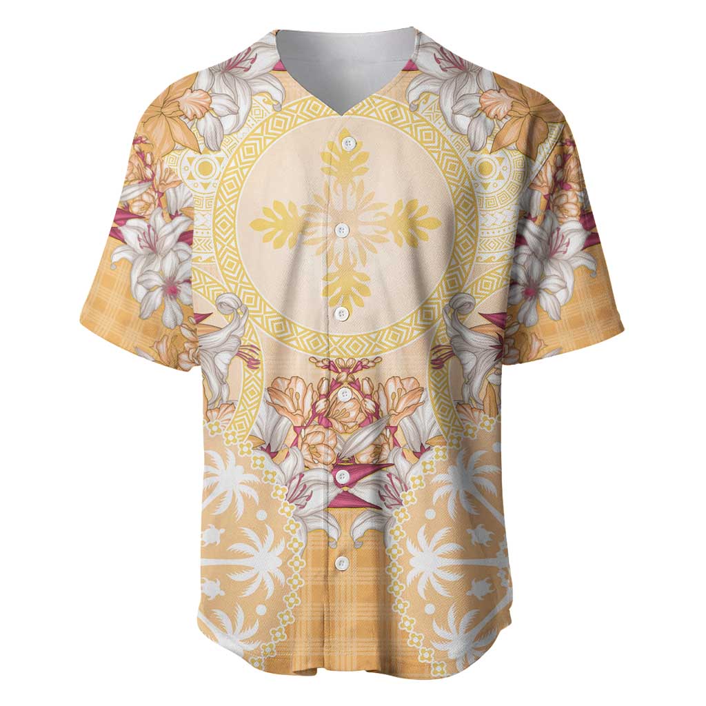 Hawaii Peach Palaka Baseball Jersey With Tapa Pattern Tropical Flowers - Polynesian Pride