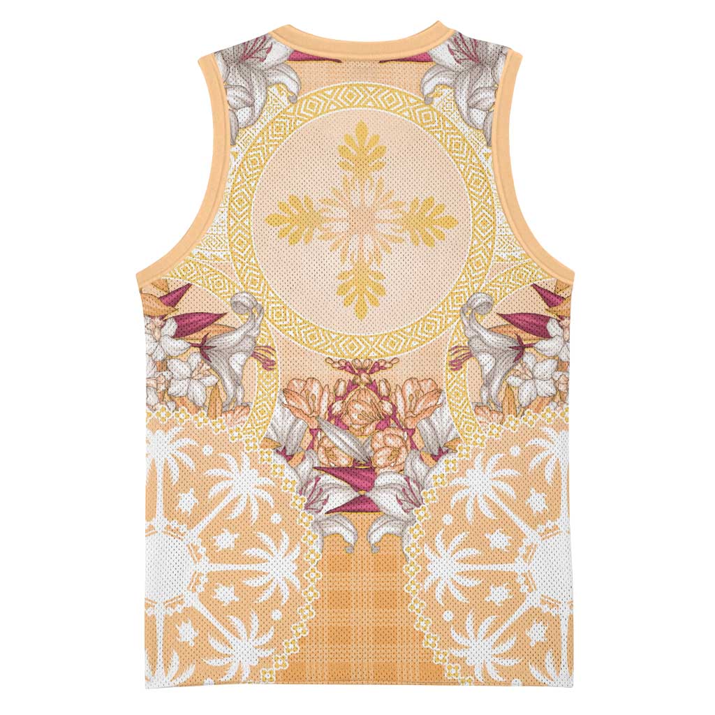 Hawaii Peach Palaka Basketball Jersey With Tapa Pattern Tropical Flowers - Polynesian Pride