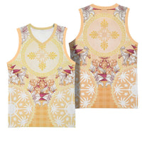 Hawaii Peach Palaka Basketball Jersey With Tapa Pattern Tropical Flowers - Polynesian Pride