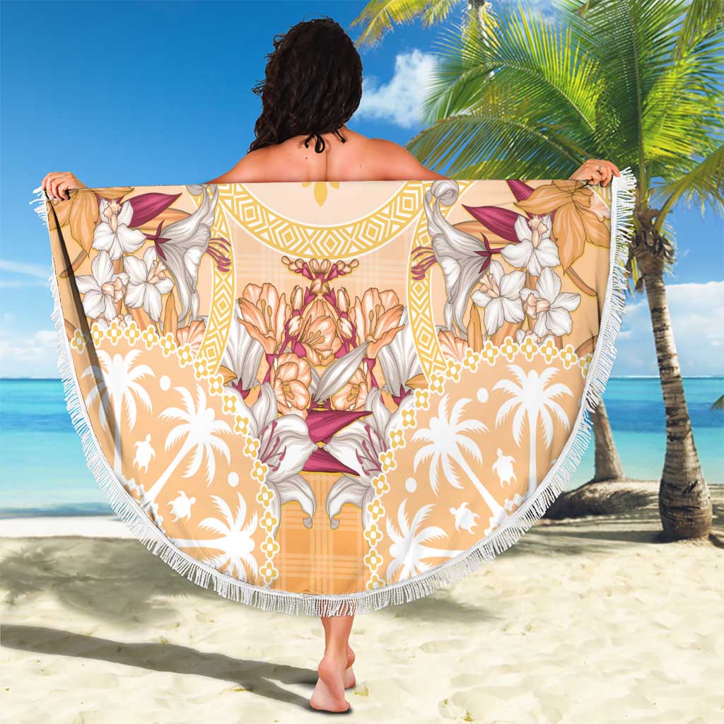 Hawaii Peach Palaka Beach Blanket With Tapa Pattern Tropical Flowers - Polynesian Pride