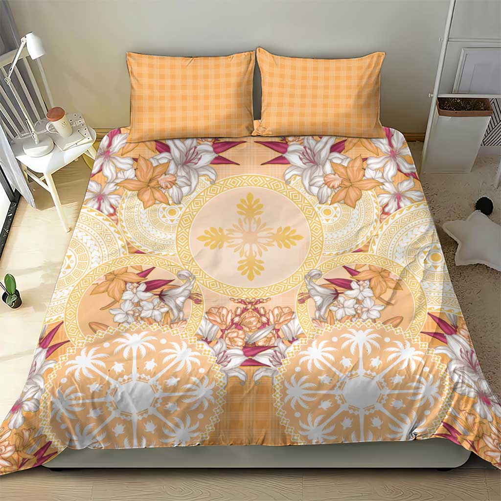 Hawaii Peach Palaka Bedding Set With Tapa Pattern Tropical Flowers - Polynesian Pride
