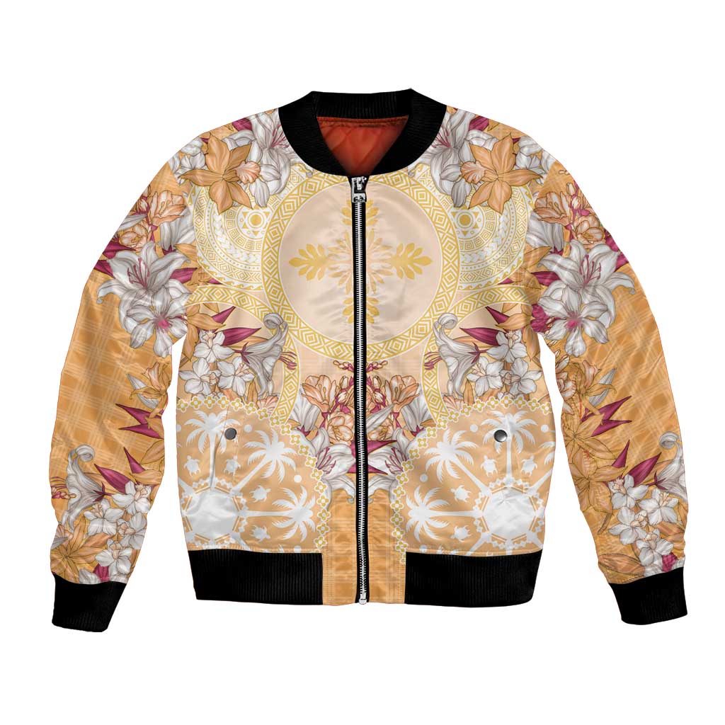 Hawaii Peach Palaka Bomber Jacket With Tapa Pattern Tropical Flowers - Polynesian Pride