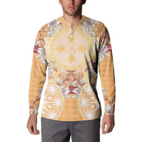 Hawaii Peach Palaka Button Sweatshirt With Tapa Pattern Tropical Flowers - Polynesian Pride