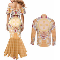 Hawaii Peach Palaka Couples Matching Mermaid Dress and Long Sleeve Button Shirt With Tapa Pattern Tropical Flowers LT05 - Polynesian Pride