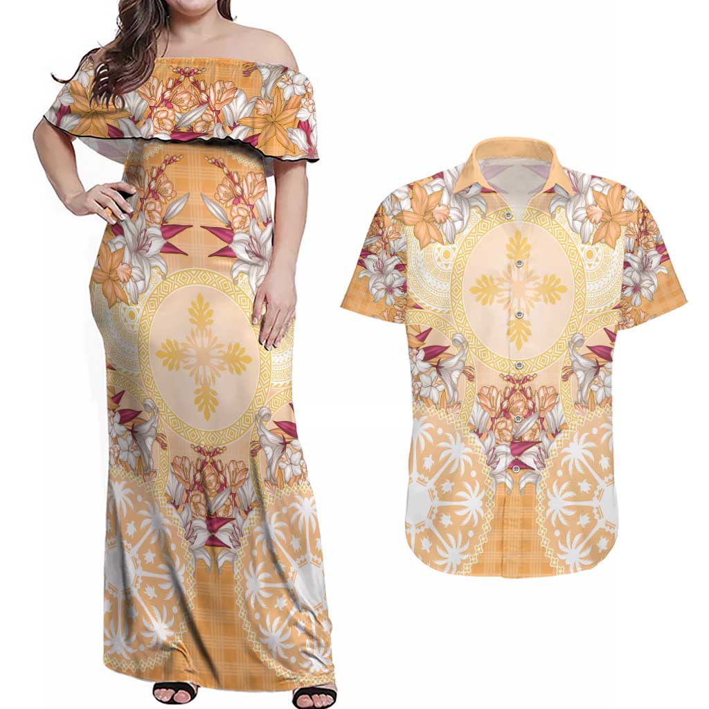Hawaii Peach Palaka Couples Matching Off Shoulder Maxi Dress and Hawaiian Shirt With Tapa Pattern Tropical Flowers LT05 Peach - Polynesian Pride