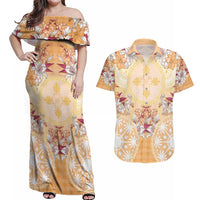 Hawaii Peach Palaka Couples Matching Off Shoulder Maxi Dress and Hawaiian Shirt With Tapa Pattern Tropical Flowers LT05 Peach - Polynesian Pride