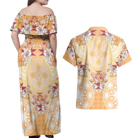 Hawaii Peach Palaka Couples Matching Off Shoulder Maxi Dress and Hawaiian Shirt With Tapa Pattern Tropical Flowers LT05 - Polynesian Pride